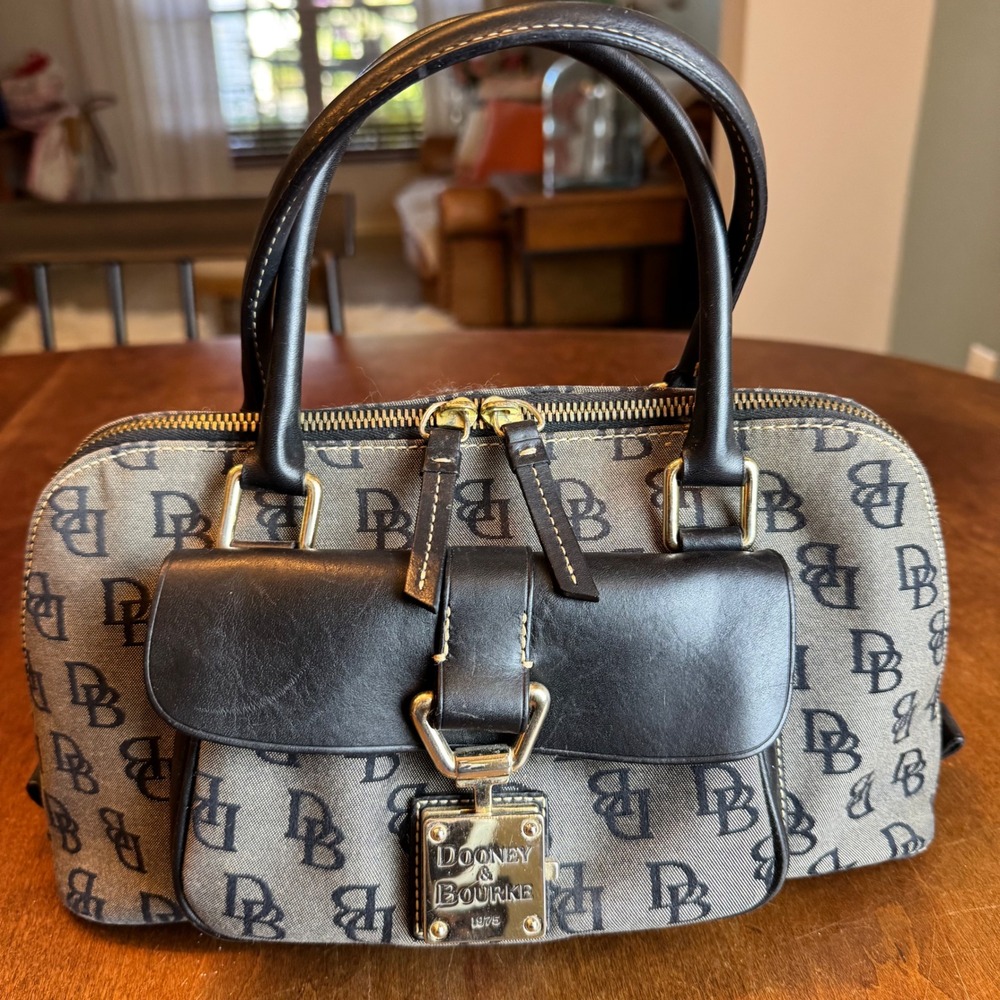 Dooney & Bourke Monogram Satchel‎ Bag Black Gray Leather Trim Top Zip
